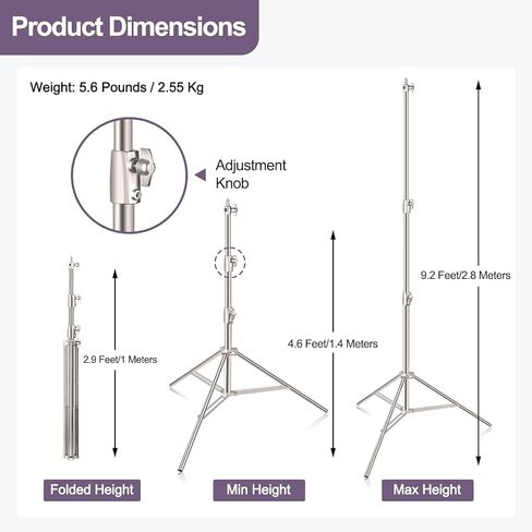 EMART 9.2ft/2.8m Stainless Steel Light Stand, Spring Cushioned-2 Pack | Heavy Duty Photography Tripod with 1/4" to 3/8" Universal Adapter for Parabolic Softbox, Strobe, Monolight, Reflector in Saudi Arabia