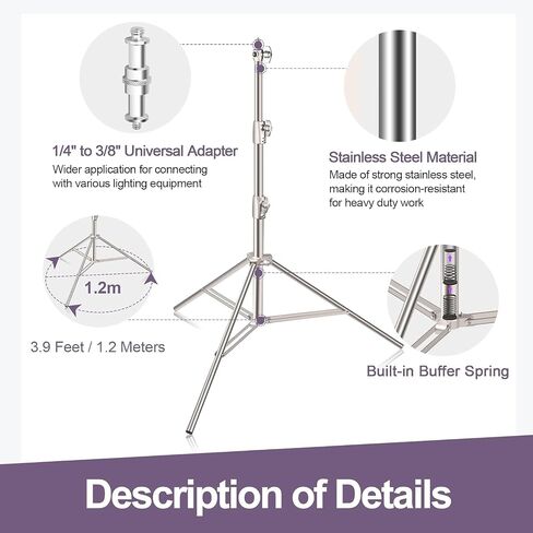 EMART 9.2ft/2.8m Stainless Steel Light Stand, Spring Cushioned-2 Pack | Heavy Duty Photography Tripod with 1/4" to 3/8" Universal Adapter for Parabolic Softbox, Strobe, Monolight, Reflector in Saudi Arabia