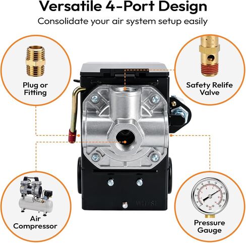 Air Compressor Pressure Switch, 135-175 PSI 26Amp, 1/4" NPT, 4-Port | 120V-240V Heavy Duty Pressure Switch, Adjustable Pressure, Fits Single & Two-Stage Tanks, Air Compressor Replacement Parts in Kuwait
