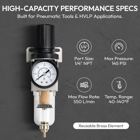 Air Filter Regulator & Water Separator, 1/4" NPT, 150 PSI AW2000-02 | Air Compressor Regulator with Brass Element, 550L/Min Flow with Manual Drain Valve, for Pneumatic Tools and Paint Guns in Kuwait