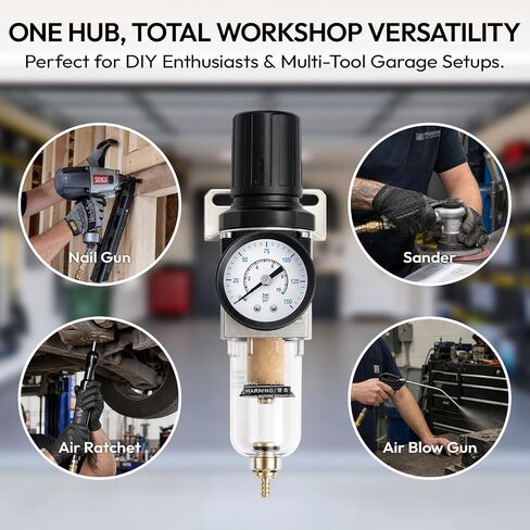 Air Filter Regulator & Water Separator, 1/4" NPT, 150 PSI AW2000-02 | Air Compressor Regulator with Brass Element, 550L/Min Flow with Manual Drain Valve, for Pneumatic Tools and Paint Guns in Kuwait
