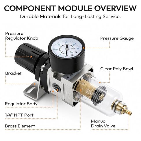 Air Filter Regulator & Water Separator, 1/4" NPT, 150 PSI AW2000-02 | Air Compressor Regulator with Brass Element, 550L/Min Flow with Manual Drain Valve, for Pneumatic Tools and Paint Guns in Kuwait