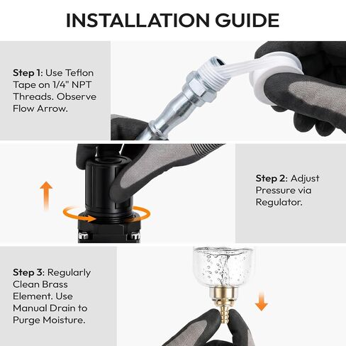 Air Filter Regulator & Water Separator, 1/4" NPT, 150 PSI AW2000-02 | Air Compressor Regulator with Brass Element, 550L/Min Flow with Manual Drain Valve, for Pneumatic Tools and Paint Guns in Kuwait