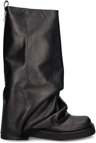 MAVMAX Women Slouchy Knee High Boots Casual Round Toe Pull On Riding Biker Boots Fold Over Chunky Low Heel Platform Boot Black Size 6 in Saudi Arabia