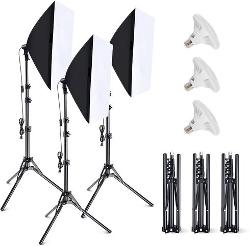 Takerers Softbox Photography Lighting Kit, 3-Pack 16'' x 16'' Continuous Lighting Photo Equipment with 50W E27 Socket 5500K LED Bulb Photography Studio for Photography/Video Recording/Live Streaming in Saudi Arabia