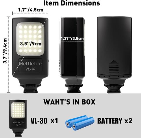 VL30 Mini Daylight LED Camera Light, 5600K Portable On Camera Video Light with Cold Shoe Mount, Battery Powered, Ideal for Photography, Vloggers, Live Streaming, Interview&Content Creation in Saudi Arabia
