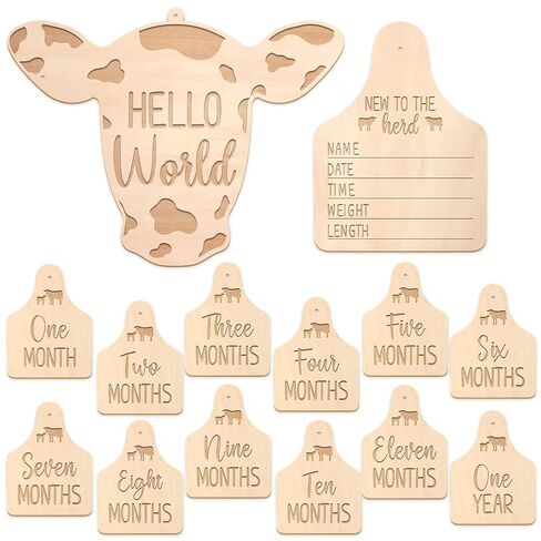 Huray Rayho Cow Baby Monthly Milestone Cards, Wooden Newborn Photo Props | Western cow baby milestone sign 14pcs, hello world birth announcement & birth stats photo prop, nursery decor, newborn gift in Kuwait