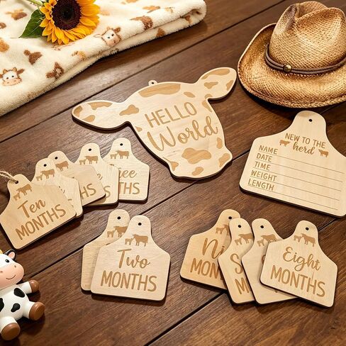 Huray Rayho Cow Baby Monthly Milestone Cards, Wooden Newborn Photo Props | Western cow baby milestone sign 14pcs, hello world birth announcement & birth stats photo prop, nursery decor, newborn gift in Kuwait