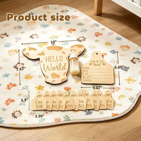 Huray Rayho Cow Baby Monthly Milestone Cards, Wooden Newborn Photo Props | Western cow baby milestone sign 14pcs, hello world birth announcement & birth stats photo prop, nursery decor, newborn gift in Kuwait