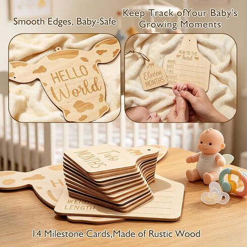 Huray Rayho Cow Baby Monthly Milestone Cards, Wooden Newborn Photo Props | Western cow baby milestone sign 14pcs, hello world birth announcement & birth stats photo prop, nursery decor, newborn gift in Kuwait
