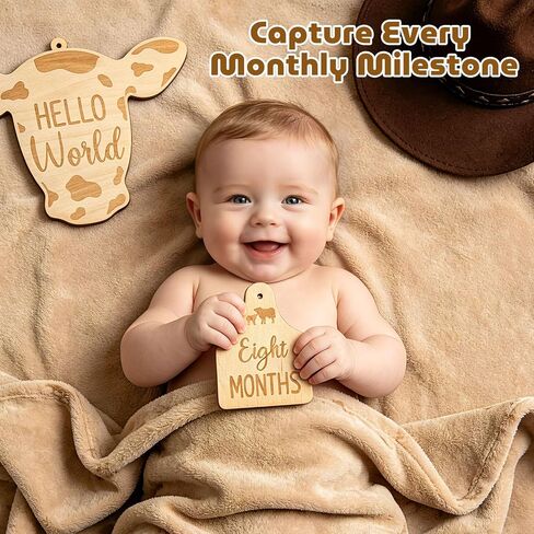 Huray Rayho Cow Baby Monthly Milestone Cards, Wooden Newborn Photo Props | Western cow baby milestone sign 14pcs, hello world birth announcement & birth stats photo prop, nursery decor, newborn gift in Kuwait