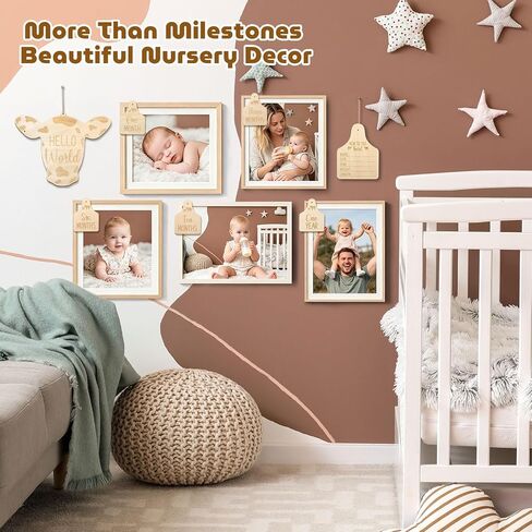 Huray Rayho Cow Baby Monthly Milestone Cards, Wooden Newborn Photo Props | Western cow baby milestone sign 14pcs, hello world birth announcement & birth stats photo prop, nursery decor, newborn gift in Kuwait