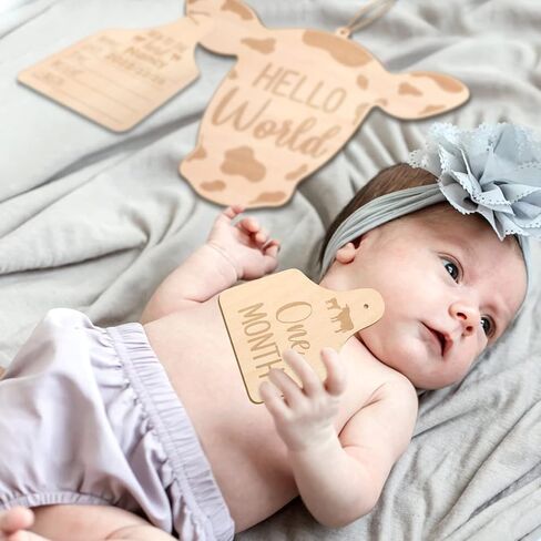 Huray Rayho Cow Baby Monthly Milestone Cards, Wooden Newborn Photo Props | Western cow baby milestone sign 14pcs, hello world birth announcement & birth stats photo prop, nursery decor, newborn gift in Kuwait