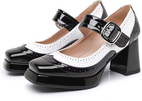 Platform Mary Jane Heels for Women Chunky Low Block Heels Patent Mary Jane Round Toe Pumps with Buckle Strap Retro Fashion Closed Toe Dress Shoes in Saudi Arabia