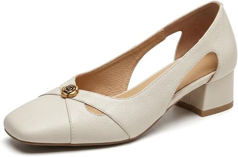 Women's French Style Mid Block Heel Pumps with Camellia Detail, Vintage Square Toe Cut-Out Slingback Shoes, Elegant Cream Dress Heels in Kuwait