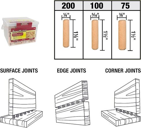 Milescraft 5346 Wooden Dowel Bucket - 375 pcs Total - 1/4", 5/16" & 3/8" in Kuwait
