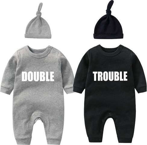 2-Pack Baby Twins Bodysuits Double Trouble Newborn Cotton Long Sleeve Funny Outfits Infant Twin Unisex Romper 0-12M in Saudi Arabia