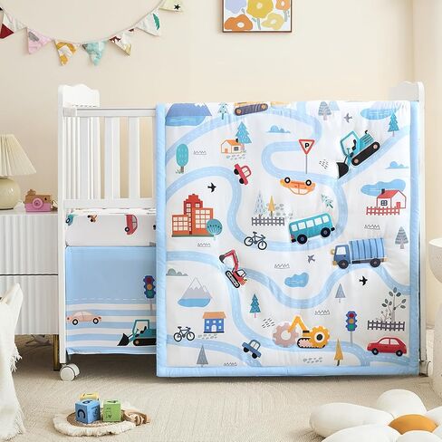 3-Piece Crib Bedding Set for Boys Girls - Ultra Soft & Skin Friendly Baby Bedding Set Includes Crib Comforter, Sheet & Crib Skirt(Vehicle) in Kuwait