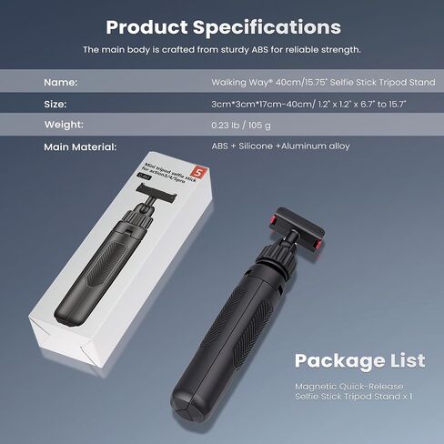 حامل ثلاثي عصا سيلفي من Walking Way 40 سم/15.75 بوصة لـ DJI Osmo Action 3/4/5 Pro، عمود تمديد مغناطيسي سريع التحرير، قبضة محمولة صغيرة 2 في 1 مع رأس كروي 360 درجة، ملحق لمدونة فيديو للسفر in Kuwait