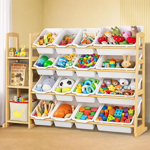 Kids Toy Storage Organizer with Bookshelf – Wooden Shelf with 16 Bins & 3 Shelves, Quick Assembly Storage Rack for Playroom, Bedroom, Nursery - White in Kuwait