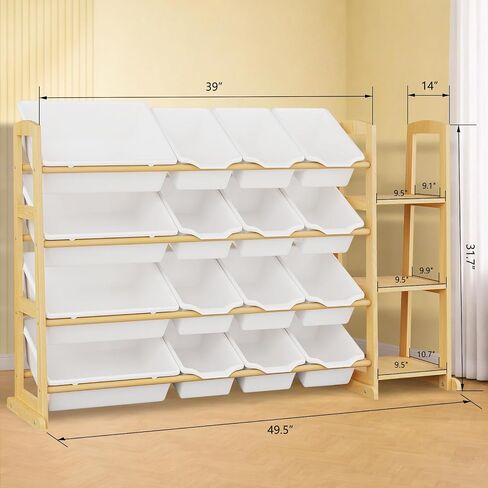 Kids Toy Storage Organizer with Bookshelf – Wooden Shelf with 16 Bins & 3 Shelves, Quick Assembly Storage Rack for Playroom, Bedroom, Nursery - White in Kuwait