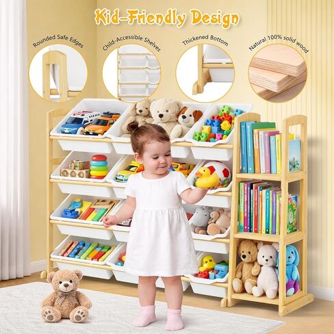 Kids Toy Storage Organizer with Bookshelf – Wooden Shelf with 16 Bins & 3 Shelves, Quick Assembly Storage Rack for Playroom, Bedroom, Nursery - White in Kuwait