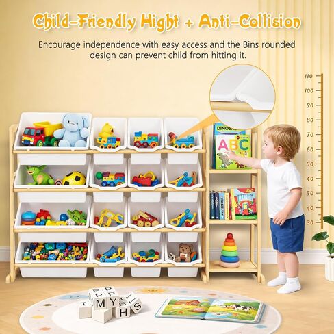 Kids Toy Storage Organizer with Bookshelf – Wooden Shelf with 16 Bins & 3 Shelves, Quick Assembly Storage Rack for Playroom, Bedroom, Nursery - White in Kuwait