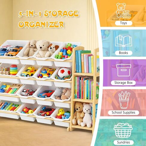 Kids Toy Storage Organizer with Bookshelf – Wooden Shelf with 16 Bins & 3 Shelves, Quick Assembly Storage Rack for Playroom, Bedroom, Nursery - White in Kuwait