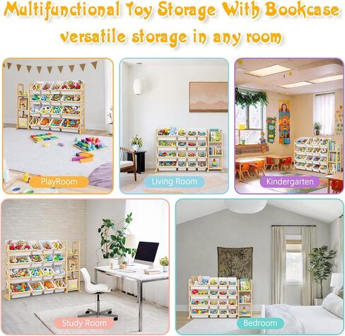 Kids Toy Storage Organizer with Bookshelf – Wooden Shelf with 16 Bins & 3 Shelves, Quick Assembly Storage Rack for Playroom, Bedroom, Nursery - White in Kuwait