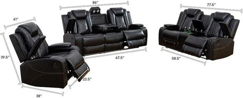 Multifunction Power Recliner Couch Set with LED Light, Storage Console, Cup Holders, USB Charging Port (3Piece, Black) in Kuwait