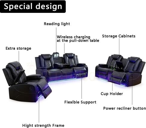 Multifunction Power Recliner Couch Set with LED Light, Storage Console, Cup Holders, USB Charging Port (3Piece, Black) in Kuwait