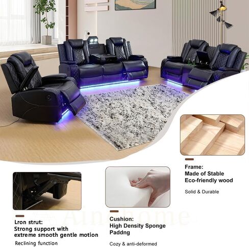Multifunction Power Recliner Couch Set with LED Light, Storage Console, Cup Holders, USB Charging Port (3Piece, Black) in Kuwait