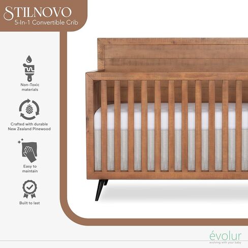 évolur Stilnovo Mid-Century 4-in-1 Convertible Baby Crib in Sugar Cane, GreenGuard Gold & JPMA, Converts to Toddler, Day & Full-Size Bed, 3 Mattress Heights, Modern Retro Design Nursery in Kuwait