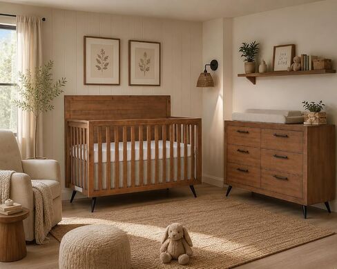 évolur Stilnovo Mid-Century 4-in-1 Convertible Baby Crib in Sugar Cane, GreenGuard Gold & JPMA, Converts to Toddler, Day & Full-Size Bed, 3 Mattress Heights, Modern Retro Design Nursery in Kuwait