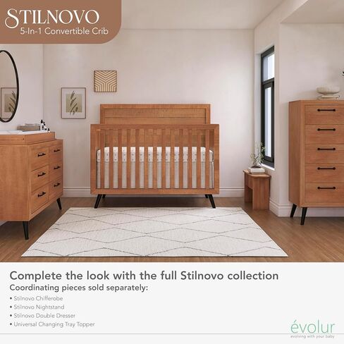 évolur Stilnovo Mid-Century 4-in-1 Convertible Baby Crib in Sugar Cane, GreenGuard Gold & JPMA, Converts to Toddler, Day & Full-Size Bed, 3 Mattress Heights, Modern Retro Design Nursery in Kuwait