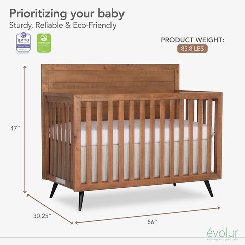évolur Stilnovo Mid-Century 4-in-1 Convertible Baby Crib in Sugar Cane, GreenGuard Gold & JPMA, Converts to Toddler, Day & Full-Size Bed, 3 Mattress Heights, Modern Retro Design Nursery in Kuwait