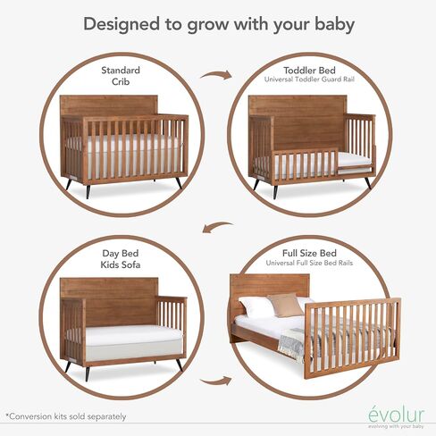 évolur Stilnovo Mid-Century 4-in-1 Convertible Baby Crib in Sugar Cane, GreenGuard Gold & JPMA, Converts to Toddler, Day & Full-Size Bed, 3 Mattress Heights, Modern Retro Design Nursery in Kuwait