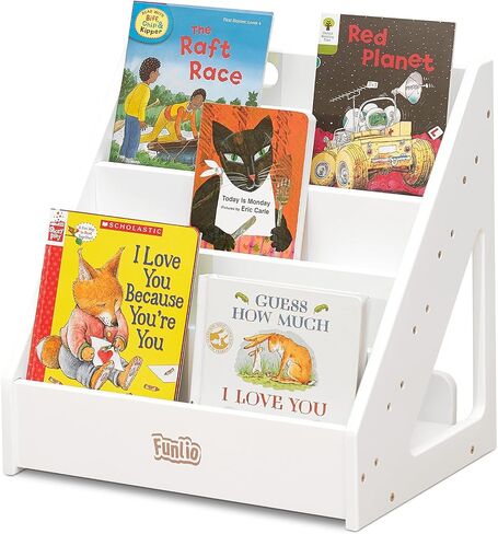 FUNLIO Montessori Bookshelf for Toddlers 1-5 Years, Front-Facing Kids Bookcase with Handle & Anti-Tilting Device, Premium Pine Baby Bookshelf, Children's Bookcase for Nursery/Classroom, CPC Certified in Saudi Arabia