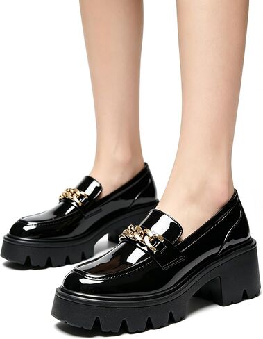 Black Platform Loafers for Women, Chunky Heel Slip On Shoes, Comfortable Business Casual Dressy Office Loafers in Kuwait