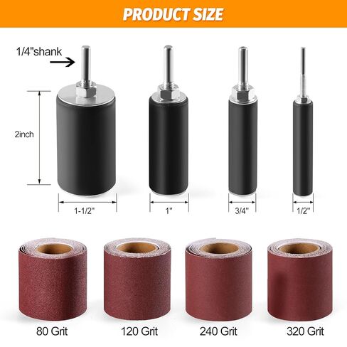 POLIWELL Sanding Drum Kit 8-Piece Four 3-metre Rolls Sandpaper | 80/120/240/320 Grit Drum Sander Ideal for Mould Grinding Machine. Made of Sandpaper for Drill and Press Drilling Machines in Saudi Arabia