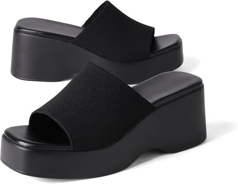 CELNEPHO Women Platform Wedge Sandals Slip On Summer Chunky Sandals | 2.8'' thick wedge platform sole, stretchy firm knit fabric upper, square open toe, slip on slide design, summer beach outfits in Saudi Arabia