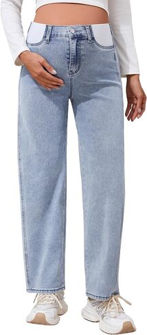 FABRACK Women's Maternity Barrel Jeans Elastic Waist Stretch Mid-Rise Jeans Side Panel Pregnancy Denim Pants with Pockets(Light Blue, Small) in Kuwait