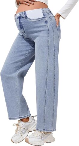 FABRACK Women's Maternity Barrel Jeans Elastic Waist Stretch Mid-Rise Jeans Side Panel Pregnancy Denim Pants with Pockets(Light Blue, Small) in Kuwait