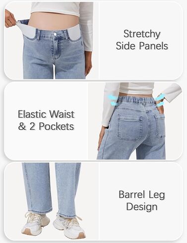FABRACK Women's Maternity Barrel Jeans Elastic Waist Stretch Mid-Rise Jeans Side Panel Pregnancy Denim Pants with Pockets(Light Blue, Small) in Kuwait