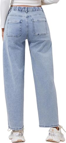FABRACK Women's Maternity Barrel Jeans Elastic Waist Stretch Mid-Rise Jeans Side Panel Pregnancy Denim Pants with Pockets(Light Blue, Small) in Kuwait