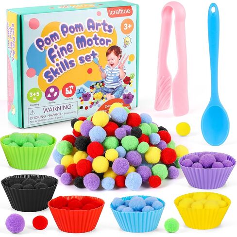 158 PCS Fine Motor Skills Set | 150 Pom Poms, 6 Sorting Bowls, Tweezers, Spoon, Sensory Bin Filler for Preschool Kids Counting, Sorting, Matching Training Ac in Saudi Arabia