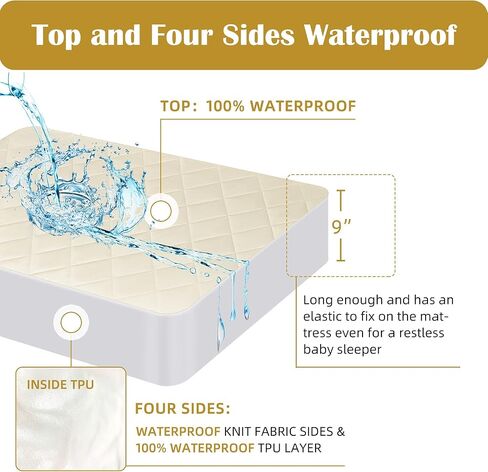 Organic Crib Mattress Protector - Top&Side 100% Waterproof Protector | Organic Mattress Protectors for bed | 5-Sided Waterproof Protection | Noiseless & Breathable | Crib Size 52x28x9 in in Kuwait