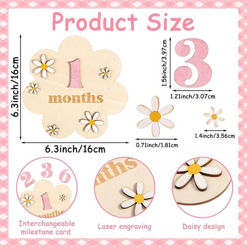 Baby Monthly Milestone Signs 1-12 Month Wooden 3D Floral Design Milestones Cards Markers Disc Announcement Sign Baby Girl Newborn Photography Props Double-Sided, Nursery Decor for Girls in Saudi Arabia