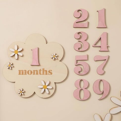 Baby Monthly Milestone Signs 1-12 Month Wooden 3D Floral Design Milestones Cards Markers Disc Announcement Sign Baby Girl Newborn Photography Props Double-Sided, Nursery Decor for Girls in Saudi Arabia