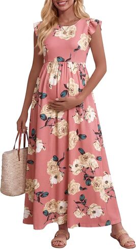 Huukeay Maternity Dress Ruffle Sleeve, Pink, Floral, X-Large | Summer, Pregnancy Clothes, Flowy A-Line, Soft, Breathable, High Waist, Baby Shower, Photoshoot, Beach, Wedding Guest in Saudi Arabia